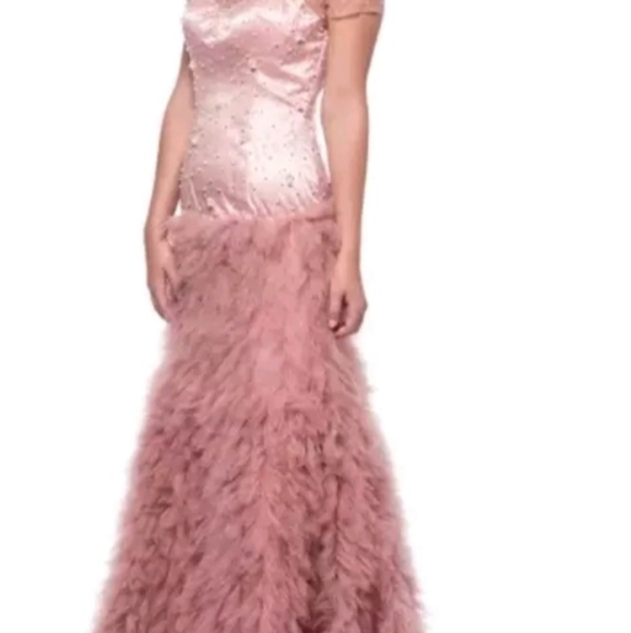 Faux Fur Rose Powdery Pink Evening Gown mesh top beaded with pearls & sequin - Picture 3 of 4